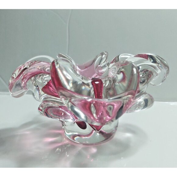 Chribska Hand Blown Art Glass Bowl Murano Style Cranberry/Clear 6.5" x 6/5" - Picture 1 of 12